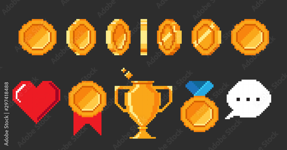 Poster set of pixel video game objects. coin animation for 16-bit retro game. pixel goblet, heart, reward, 