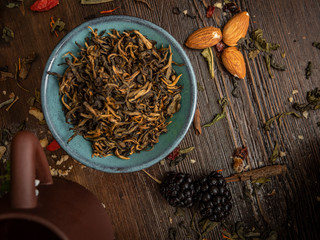 Preparation of the tea ceremony, tea in the bowl. Handmade cups