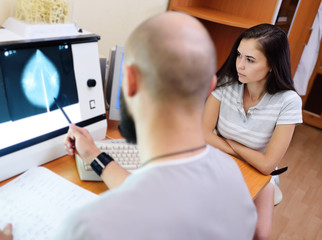 the doctor and the patient are watching a mammogram-the result of x-ray examination of the mammary...