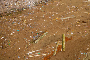 The view from the height of the lake with garbage on the shore. Ecology. Environmental pollution.