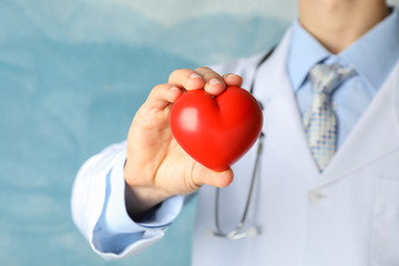 Doctor holds heart against blue background, close up