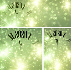 Green bokeh New Year 2020 background with clock and lights.