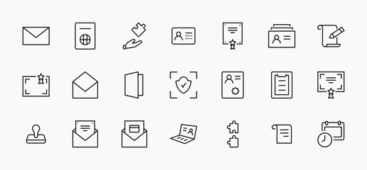 Set of Legal Documents Related Vector Line Icons. Contains such Icon as Visa, Contract, Declaration, License, Permission, Grant and more. Editable Stroke. 32x32 Pixel Perfect