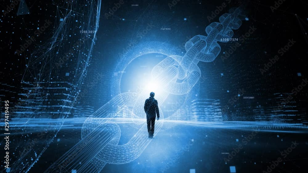 Poster person walks in futuristic digital blockchain cyberspace network.