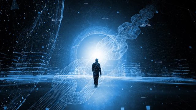 Person walks in futuristic digital blockchain cyberspace network.