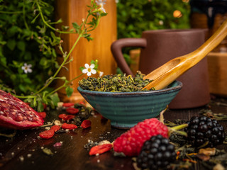 Preparation of the tea ceremony, tea in the bowl. Handmade cups