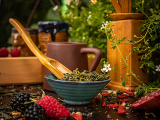 Preparation of the tea ceremony, tea in the bowl. Handmade cups