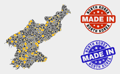 Mosaic technical North Korea map and blue Made In textured seal. Vector geographic abstraction model for workshop, or political illustrations.