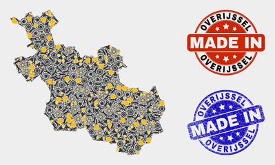 Mosaic industrial Overijssel Province map and blue Made In grunge stamp. Vector geographic abstraction model for workshop, or patriotic illustrations.