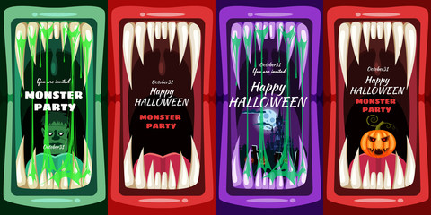 Creepy Halloween party banner scary monster character teeth jaw in mouth closeup spittle © hadeev