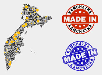 Mosaic industrial Kamchatka map and blue Made In textured seal. Vector geographic abstraction model for industrial, or political purposes. Mosaic of Kamchatka map combined of random cogwheel,