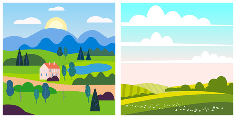 Fototapeta premium Set spring summer landscape rural countryside