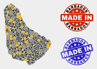 Mosaic technical Barbados map and blue Made In grunge seal. Vector geographic abstraction model for mechanic, or political purposes. Mosaic of Barbados map combined of scattered cogs, spanners, lamps,