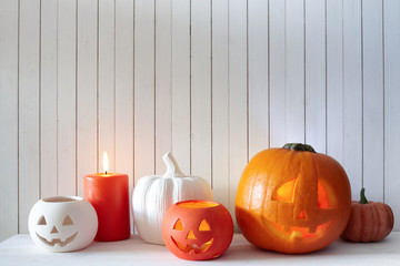 Decorations for Halloween against the wall of white boards