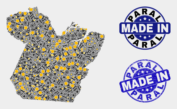 Mosaic technical Paral State map and blue Made In grunge seal. Vector geographic abstraction model for service, or political illustrations. Mosaic of Paral State map combined of random cogs, wrenches,