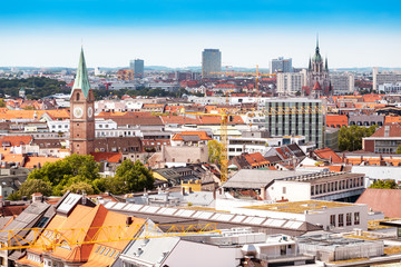 Aerial skyline view of red roofs in Munich, Germany