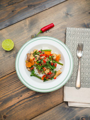 Yellow thai curry - chicken with vegetables lunch - copy space