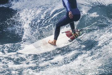 Close up on the legs of an athlete surfing on the sea waves