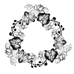 Black and white vector illustration of hand drawn floral wreath. Ink drawing, manual graphic style, Perfect for wedding invitation, design element, printing, floristic post card, poster, banner.