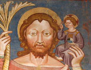San Cristoforo; affresco esterno della  chiesa di Santa Caterina a Breien (Val di Tires, Bolzano)