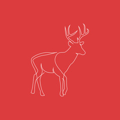 One continuous line drawing of Reindeer Christmas sign on red background. Full height deer. Vector illustration. EPS 10