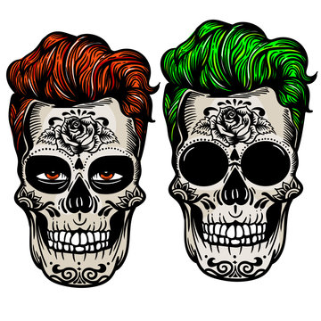 Vector hand drawn colorful illustration of Day Of The Dead Skull. Skulls hipster acid color, sugar flower. Skull tattoo punk style  isolated on white.