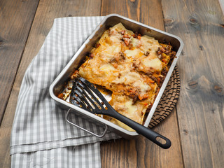 Top view of a whole lasagne in an ovenproof dish