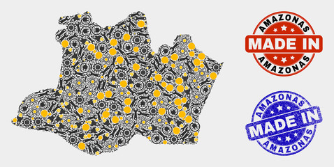 Mosaic industrial Amazonas State map and blue Made In grunge stamp. Vector geographic abstraction model for industrial, or patriotic illustrations.