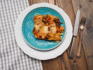 Portion delicious lasagne from above