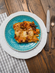 Portion delicious lasagne from above