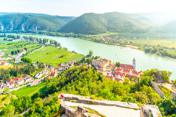 Scenic aerial view of Durnstein Village, Wachau Valley of Danube River, Austria