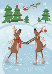 Christmas  deers dancing on skates on the ice in the winter forest. Xmas party greeting card, invitation or poster. Vector illustration.