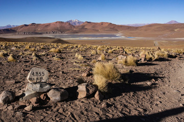 4855 metres above sea level sign on Bolivia plateau with mountain scenery