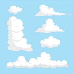 Different shape cartoon style white cloud with light shade on blue sky background vector collection
