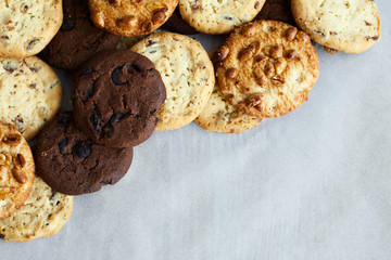 Chocolate chip cookies on white pastel background
