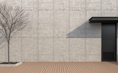 Empty loft wall exterior 3d render,There are wooden floor polished concrete wall,black metal door,decorate with dry tree