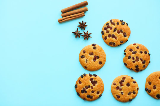 Homemade chocolate chips cookies on blue background