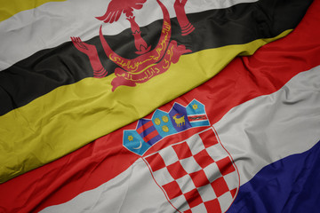 waving colorful flag of croatia and national flag of brunei.