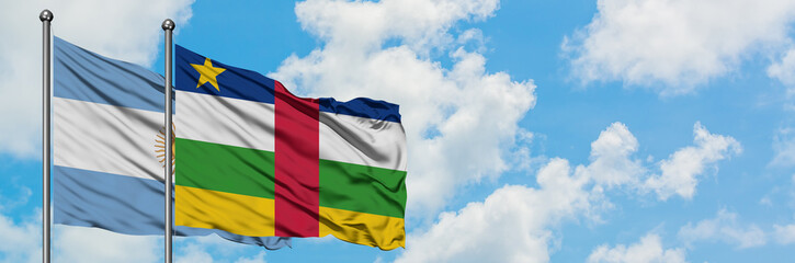 Argentina and Central African Republic flag waving in the wind against white cloudy blue sky together. Diplomacy concept, international relations.
