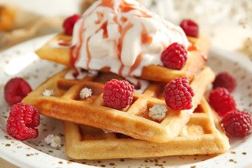 Tasty waffles, ice cream and berries on plate, closeup