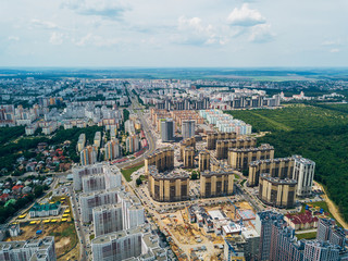 Modern residential area in Voronezh, aerial view from drone in summer day