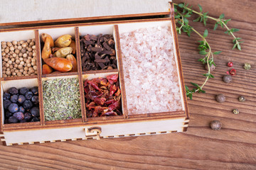 Wooden box with a collection of spices