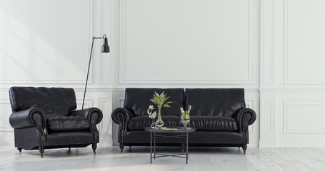 Decorative background for home, office and hotel. Modern interior design living room sofa and armchair in black leather with modern interior details on the wall background.