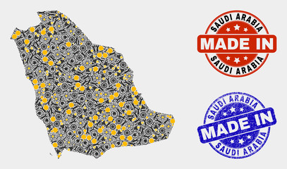 Mosaic technical Saudi Arabia map and blue Made In textured stamp. Vector geographic abstraction model for technical, or patriotic illustrations.