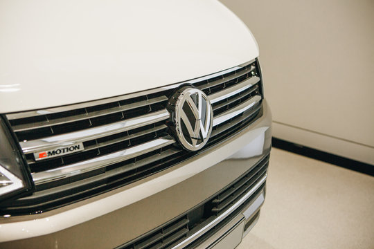 Berlin, August 29, 2018: Close-up signon new multivan presented at the official Auto Show Drive - Group Forum in Berlin.