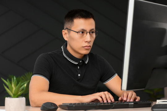 Asian programmer working on computer in office