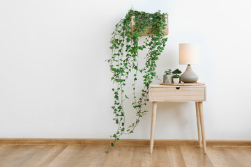 Table with green houseplants and lamp in room