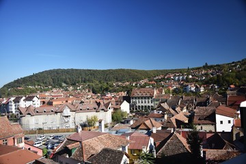 Aerial view from the hill of old town Sighisoara, Mures county,  Transylvania region in Romania. 