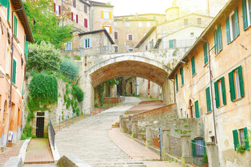 Perugia beautiful old street with steps via dell'Acquedotto, Umbria, Italy.