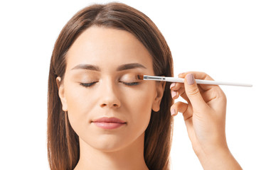 Makeup artist working with beautiful young woman on white background